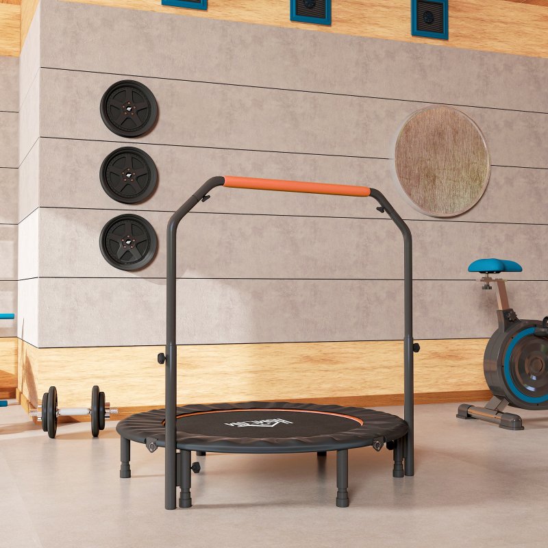 HOMCOM 48" Foldable Mini Trampoline Fitness Trampoline Rebounder for Adults with Adjustable Foam Handle, for Indoors, Outdoors, Cardio Training, Orange