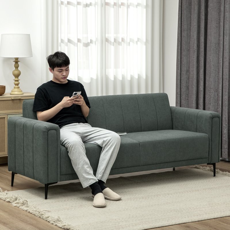 HOMCOM 3 Seater Sofa, Modern Fabric Sofa Couch, Channel Tufted Upholstered Sofa Settee for Living Room, Guest Room, Bedroom, Home Office, Charcoal Grey