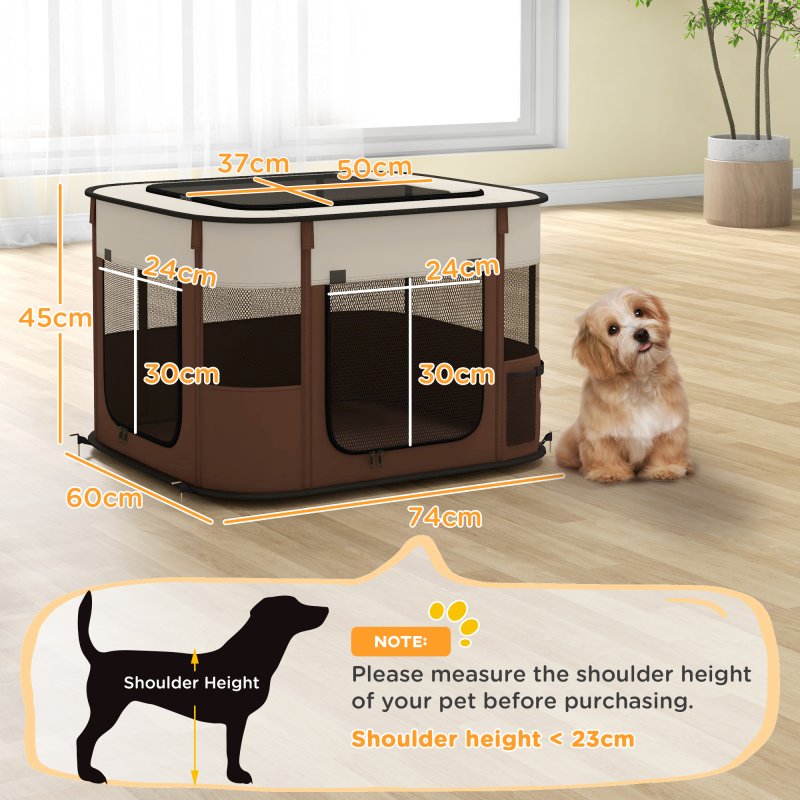 PawHut Dog Pen, Pet Playpen, Portable Foldable Dog Cat Playpen Soft Pet Cage with Storage Bag for Puppies, Rabbits, Kittens, Guinea Pigs, 74 x 60 x 45cm - Brown
