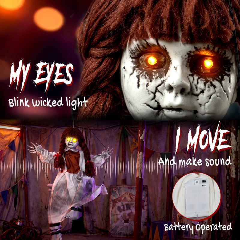 HOMCOM 32"/80cm Halloween Animated Hanging Creepy Girl on Swing Decoration, Light-Up Eyes, Sound and Touch Activated, Kicking Legs, with Rope for Haunted House Party