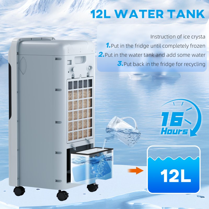 HOMCOM Mobile Air Cooler, 12L Tank Evaporative Ice Cooling Fan Water Conditioner Humidifier Unit with 3 Modes, 3 Speed, Remote, Timer, Oscillating for Home Bedroom