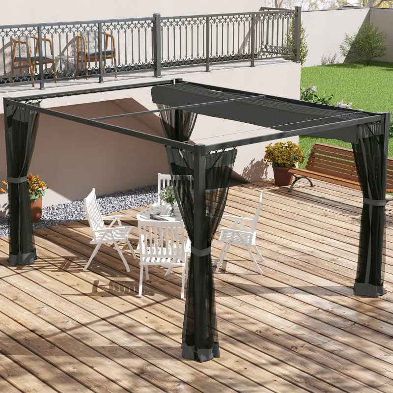 Outsunny 3 x 4 m Pergola with Retractable Roof Canopy and Netting Sidewalls, Aluminium Frame Garden Gazebo Outdoor Sun Shade Shelter for Grill, Patio, Deck, Dark Grey