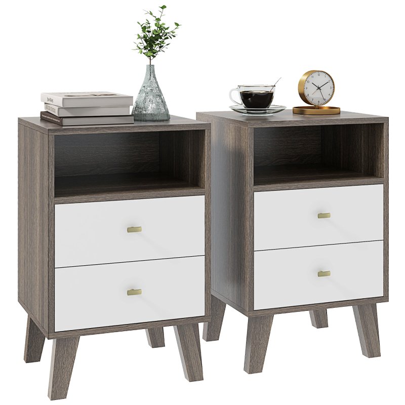 HOMCOM Bedside Tables Set of 2, Modern Nightstand with 2 Drawers and Open Cubby, Sofa Side End Table for Bedroom, 40 x 34 x 64cm, Grey