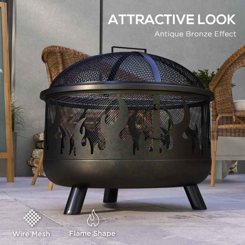 Outsunny Metal Firepit Bowl Outdoor 2-In-1 Round Fire Pit w/ Lid, Grill, Poker, Handles for Garden, Camping, BBQ, Bonfire, Wood Burning Stove, 61.5 x 61.5 x 52cm, Black