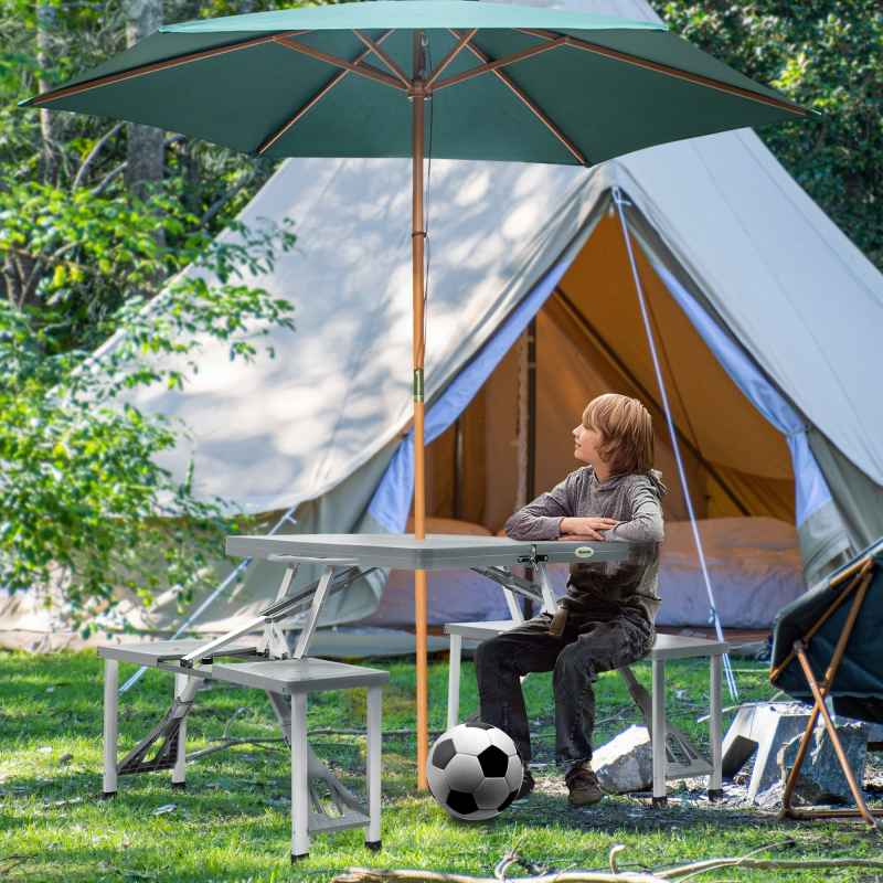 Outsunny Portable Foldable Camping Picnic Table with Seats Chairs and Umbrella Hole, 4-Seat Fold Up Travel Picnic Table, Grey