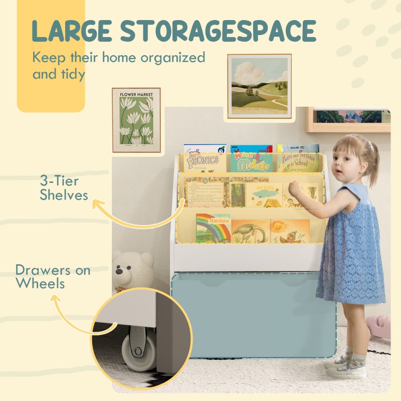 AIYAPLAY Kids Bookshelf, Bookcase Toy Storage Organizer with 3 Tier Shelves, Drawer, for Bedroom, Nursery, Playroom, Classroom, White