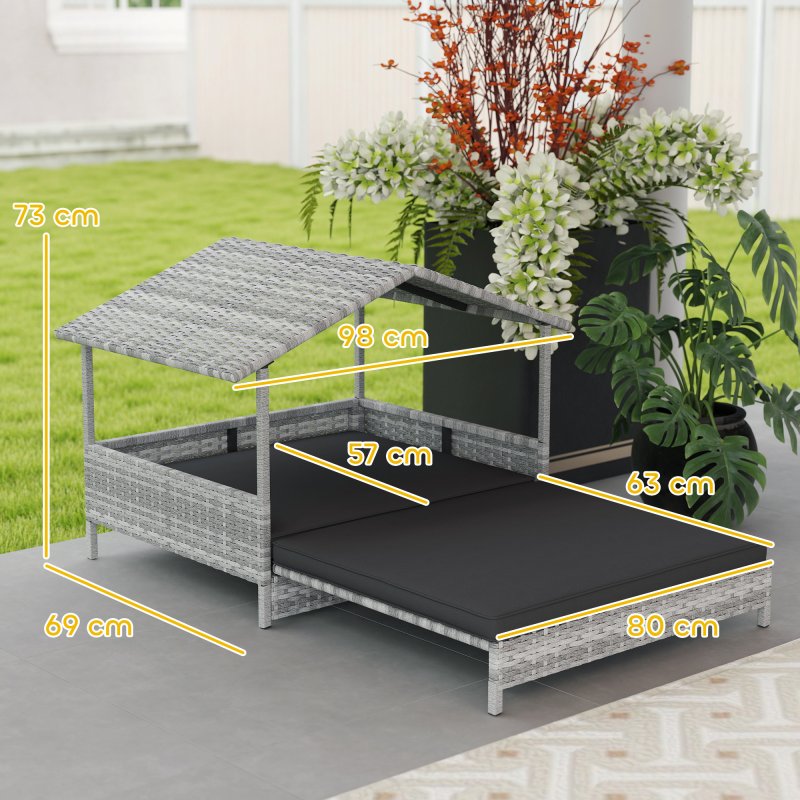 PawHut Rattan Dog House, Extendable Outdoor Wicker Dog Bed w/ Water-Resistant Roof, Removable Cushion, for Small and Medium Dogs - Charcoal Grey