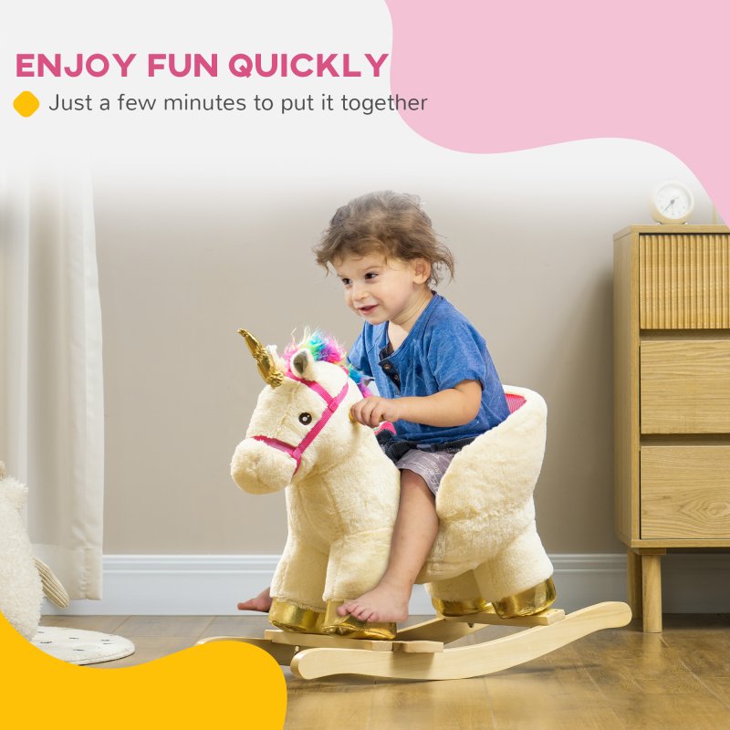 AIYAPLAY Rocking Horse, Unicorn Rocking Horse with Realistic Sounds, Safety Belt, Wooden Base, Plush Ride on Unicorn, for Ages 18-36 Months, Cream White