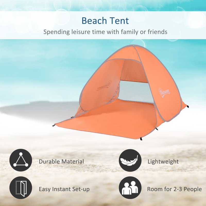 Outsunny Pop up Beach Tent, UV 30+ Portable Sun Shelter with Carry Bag, 2x1.5m for 2-3 Person, Orange