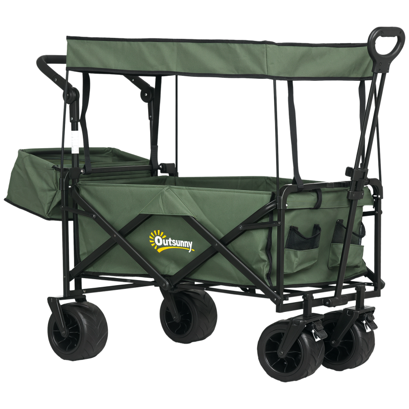 Outsunny 120L Festival Trolley on Wheels, Folding Camping Trolley Cart with Removable Canopy, All-Terrain Wheels, Adjustable Handle and Side Pockets for Garden Beach Fishing Shopping, Green