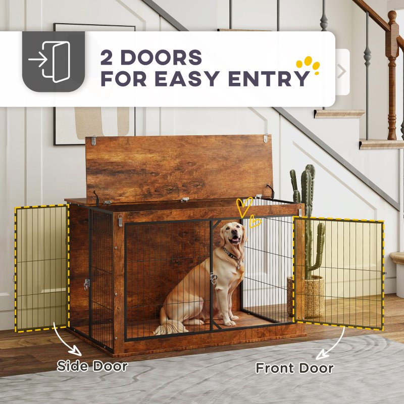 PawHut Dog Crate Furniture, Dog Cage End Table with Openable Top, Two Lockable Doors, for Extra Large Pets, 118 x 75 x 77cm, Rustic Brown