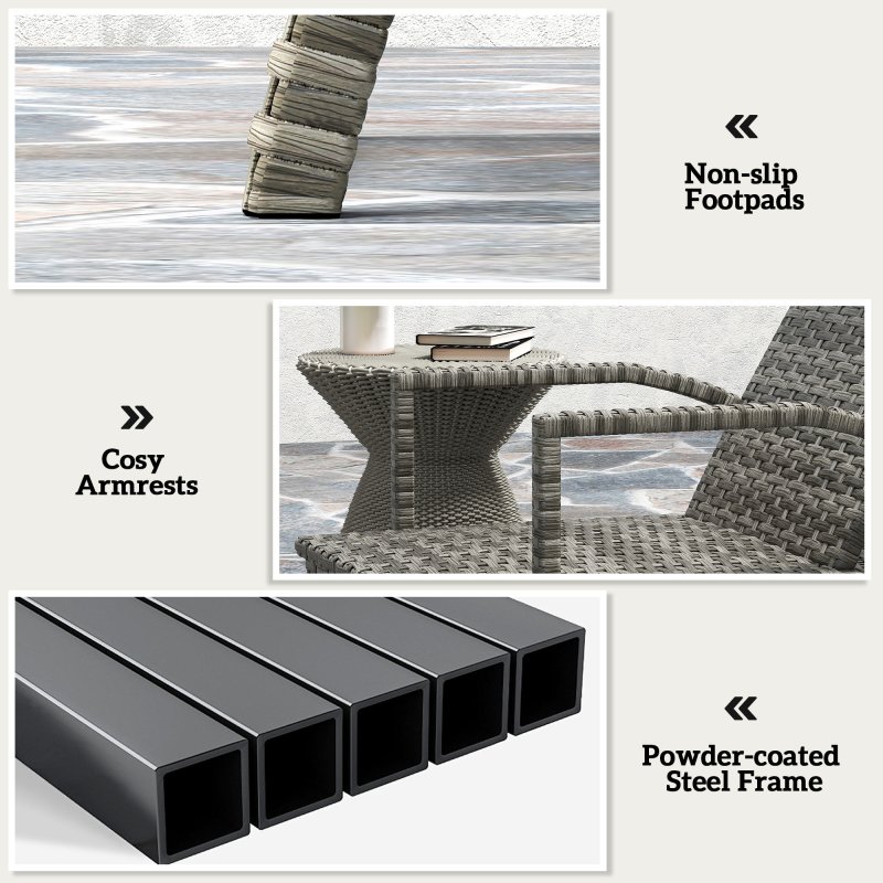 Outsunny PE Rattan Sun Lounger, Garden Lounger with 4-Level Adjustable Backrest, Outdoor Sunbed with Retractable Footrest for Balcony, Beach, Patio, Mixed-grey