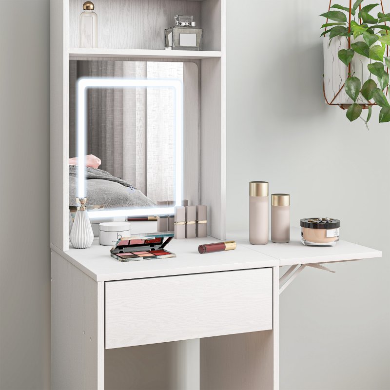 HOMCOM Small Dressing Table with Mirror and Adjustable LED Lights, Modern Vanity Desk with Drop Leaf, Open Shelves and Drawer, Compact Makeup Table for Small Spaces, Bedroom, White