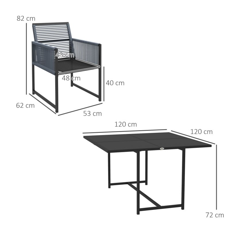 Outsunny 5 Pieces Garden Dining Set, Outdoor Patio Cube Set, 4 Seater Outdoor Table and Chairs with Foldable Backrest, Tempered Glass Top, Handwoven Rope for Poolside, Space-Saving, Dark Grey