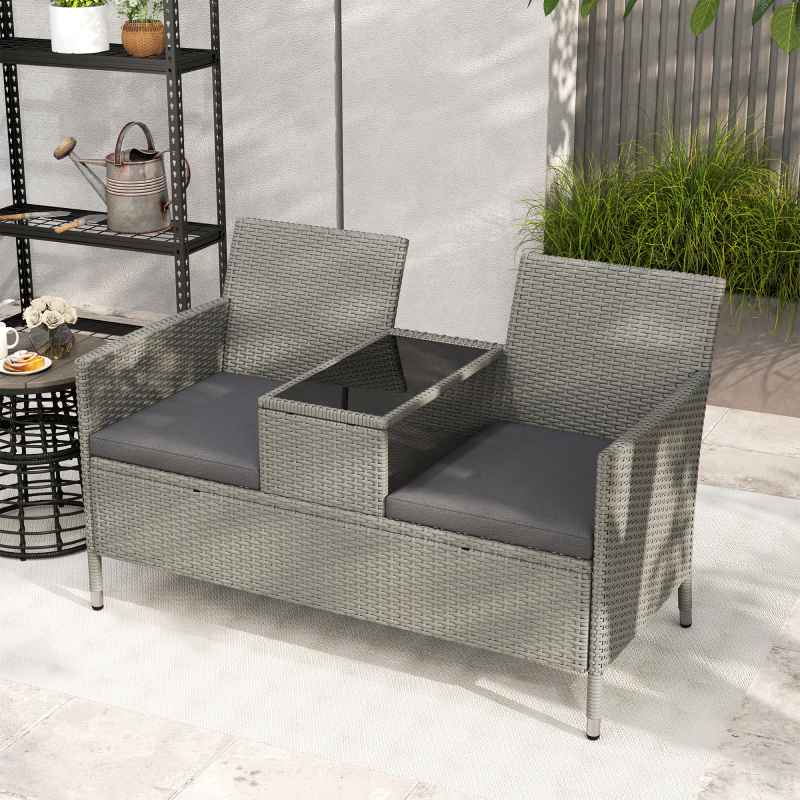 Outsunny 2 Seater Rattan Sofa with Cushions, Wicker Garden Loveseat with Armrests, Outdoor Garden Sofa Couch with Metal Frame for Patio, Grey