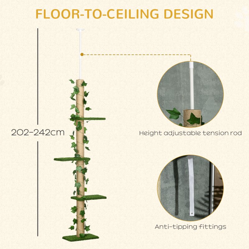 PawHut 242cm Floor to Ceiling Cat Tree for Indoor Cats with Leaves, Height Adjustable Cat Climbing Tower with Scratching Post, Anti-Slip Kit - Green