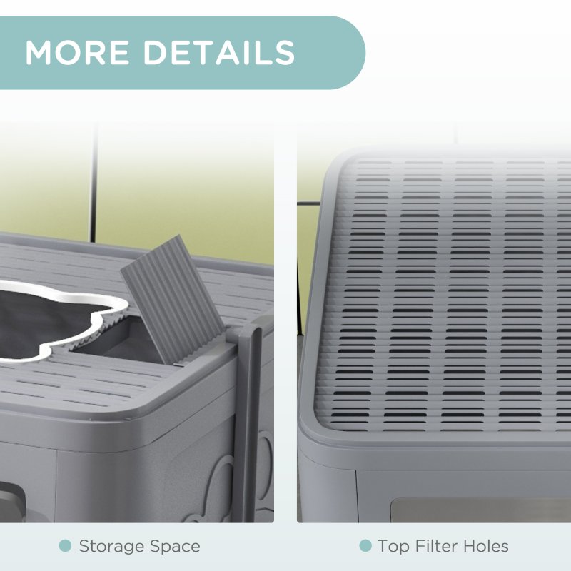 PawHut Cat Litter Tray with Hood Cat Litter Box with Brush, Front Entry, Top Exit, Removable Tray, Scoop, 48.5 x 38 x 36.5cm - Grey