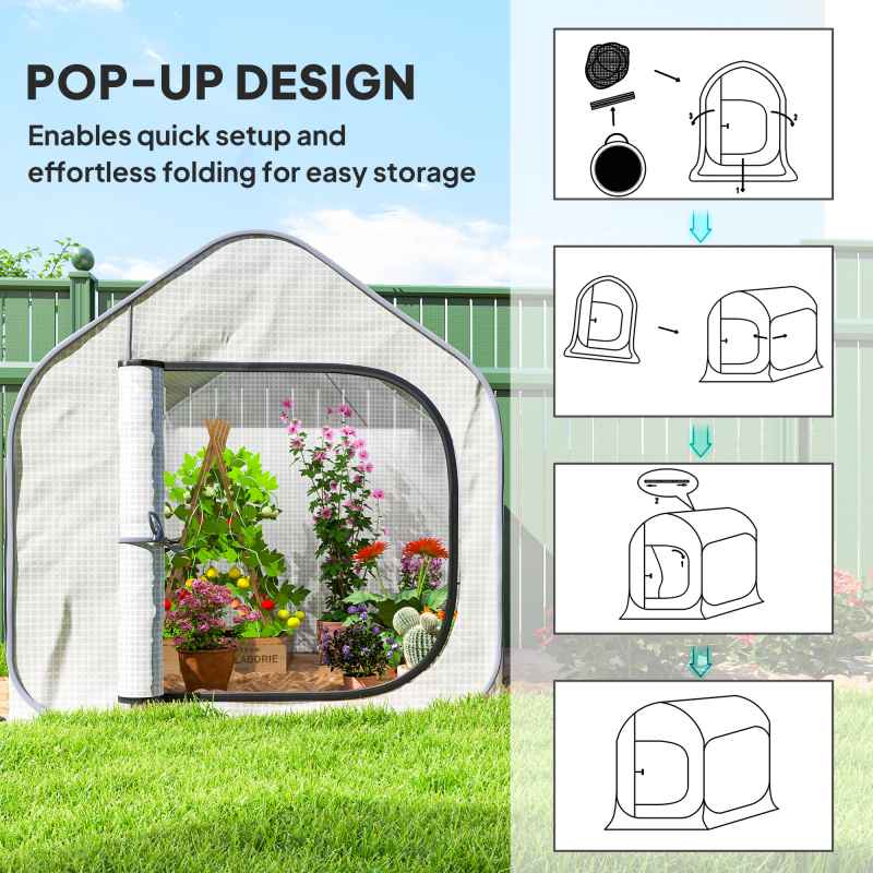 Outsunny Mini Pop Up Greenhouse with Reinforced PE Cover, Foldable Small Greenhouse with Zipper Door for Indoor Outdoor, 150 x 148 x 148 cm, White