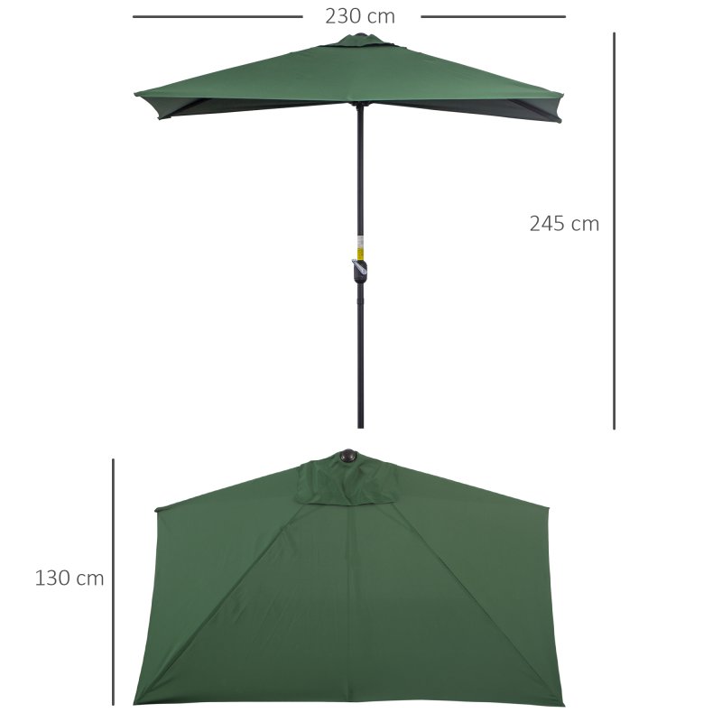 Outsunny Balcony Half Parasol Semi Round Umbrella Patio Crank Handle (2.3 m, Green)- NO BASE INCLUDED