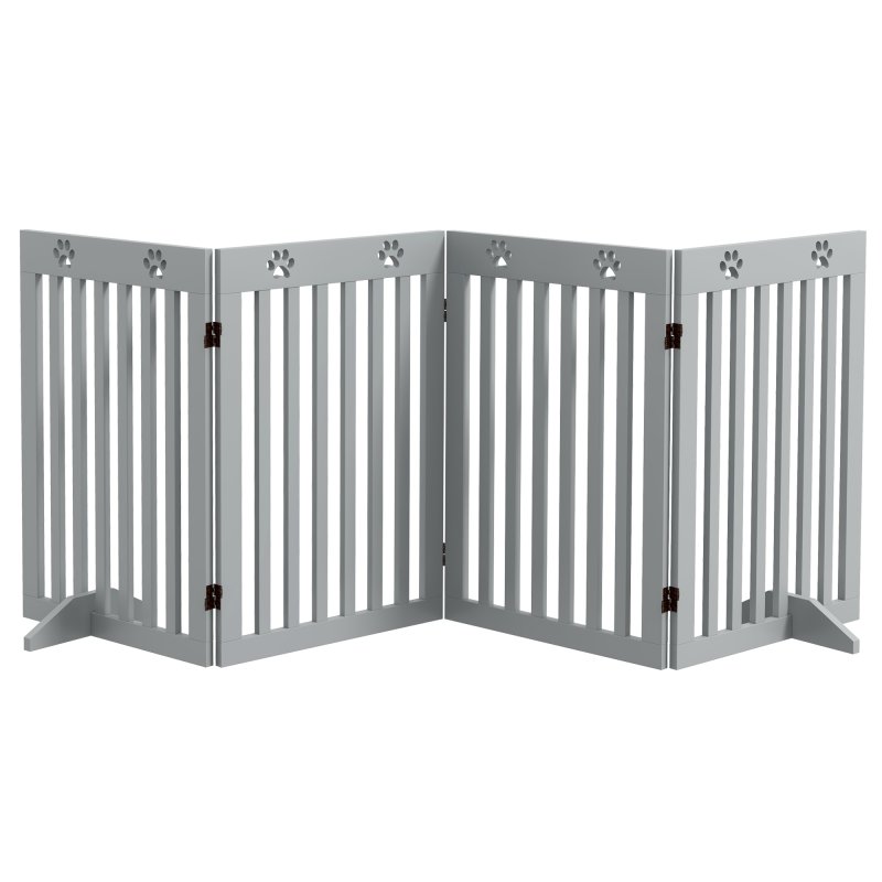 PawHut Freestanding Pet Gate 4 Panel Dog Barrier Folding Safety Fence with Support Feet up to 204cm Long 75cm Tall for Doorway Stairs, Grey