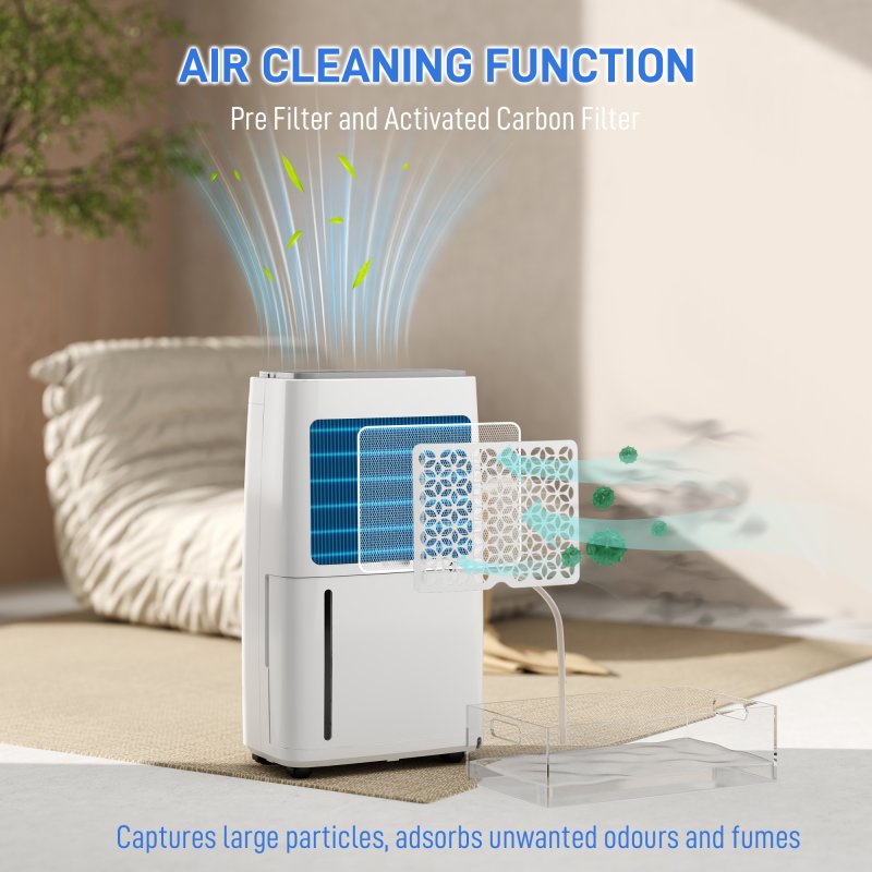 HOMCOM 16L/Day Dehumidifier for Home, Activated Carbon Air Filter, Portable Compressor Dehumidifier with 5.5L Water Tank, 24H Timer, Laundry Drying, Continuous Drainage, Humidity Light, White