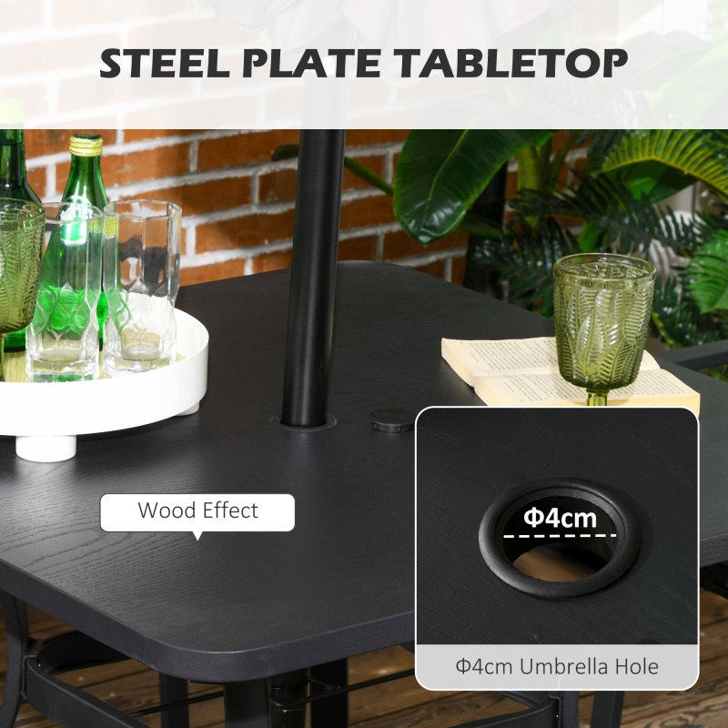 Outsunny 4 Seater Rattan Dining Set with Cushions, Wood Effect Metal Top Table with Umbrella Hole, PE Rattan Garden Furniture Set, Outdoor Dining Table and Chairs for Patio, Balcony, Lawn, Black