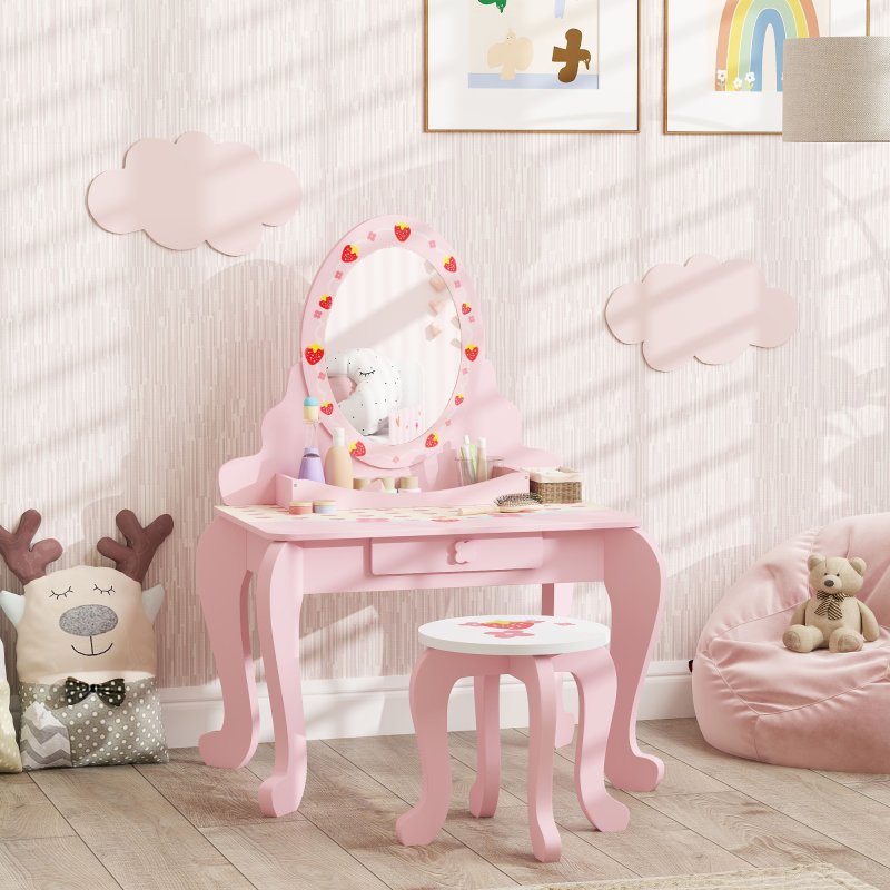 AIYAPLAY Kids Dressing Table Set, Two-Piece Children Vanity Table with Stool, Mirror, Drawer, Desktop Storage, Strawberry-Theme Makeup Desk, Chair, Pink