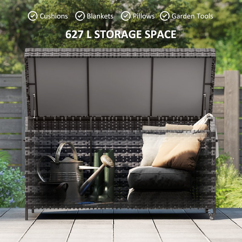 Outsunny 627 L Rattan Garden Storage Box, Outdoor Garden Cushion Storage Box with Gas Lift Lid and Wheels, Outdoor Rattan Chest Container for Cushions, Pillows and Tools, Dark Grey