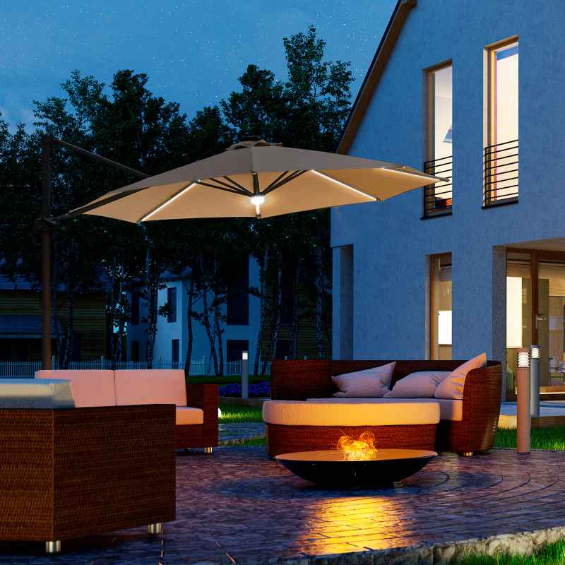 Outsunny 3(m) Cantilever Roma Parasol Garden Sun Umbrella Outdoor Patio with 360 Rotation Crank & Tilt Aluminium Frame LED Solar Light Cross Base, Brown