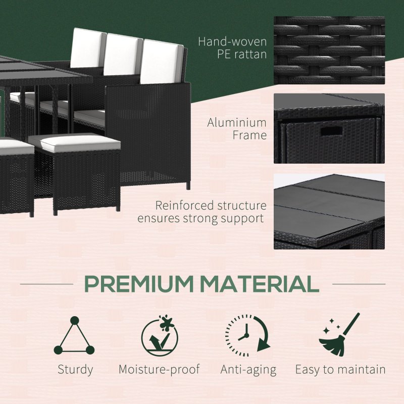 Outsunny 10 Seater Rattan Cube Garden Furniture Set with Cushions, Rattan Dining Set, Outdoor Dining Table and Chairs with 6 Armchairs, 4 Stools, Rectangular Glass Top Table, Black