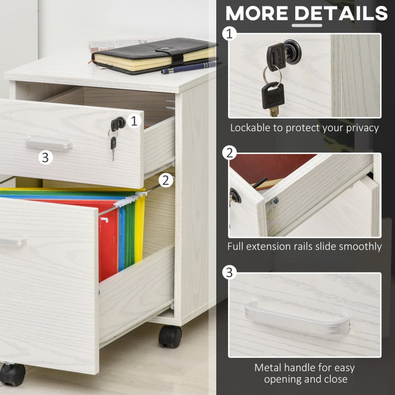 Vinsetto 2-Drawer Locking Office Filing Cabinet w/ 5 Wheels Rolling Storage Hanging A4 Cupboard Home Organisation White Wood Grain