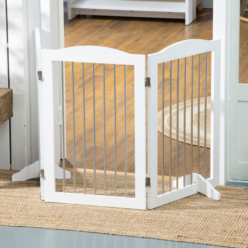PawHut Foldable Dog Gate, Freestanding Pet Gate, Dog Barrier with Two Support Feet, for Doorways, Stairs, Halls - White