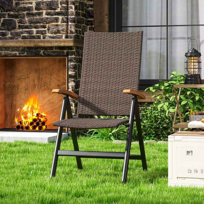 Outsunny Outdoor Folding Dining Chair, PE Rattan Chair with Armrests, High Backrest, for Garden, Camping, Balcony, Porch, Brown