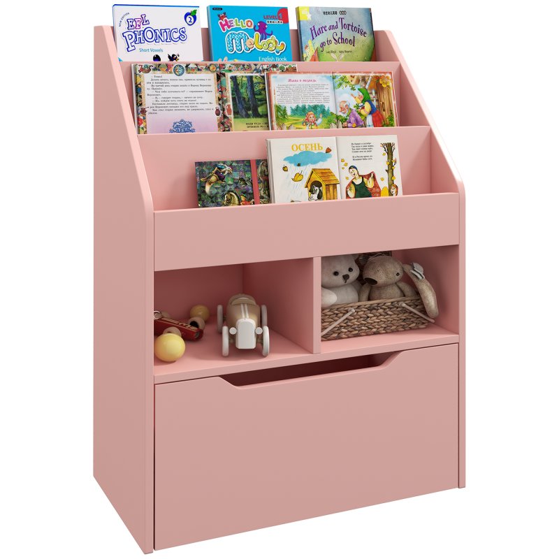HOMCOM Kids Bookshelf with Storage Drawer, Children's Bookcase with Wheels, Toy Organiser for Bedroom, Playroom - Pink