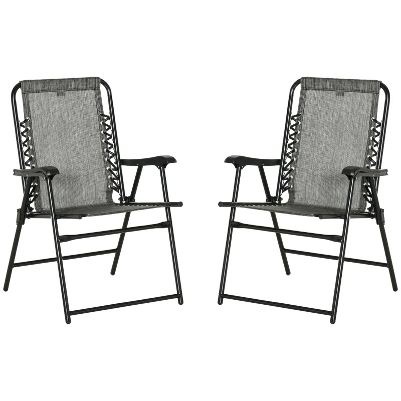 Outsunny Set of 2 Patio Folding Chair Set, Garden Portable Outdoor Chairs with Armrest and Breathable Mesh Fabric Seat and Backrest, for Camping, Beach, Deck, Lawn, Grey