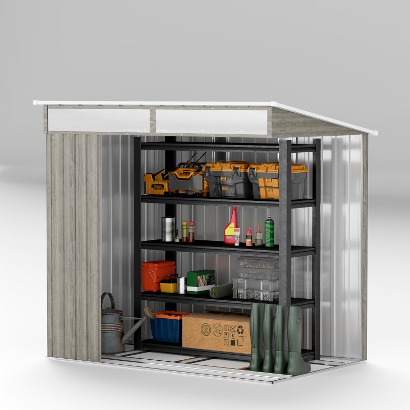 Outsunny 6.5 x 4FT Galvanised Metal Garden Shed with Double Sliding Doors and 2 Vents, Lockable Tool Storage House with Foundation Kit, Light Grey Wood Effect