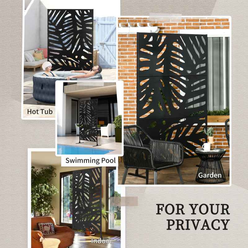 Outsunny Decorative Garden Privacy Screen with Stand, 6.5FT Freestanding Metal Outdoor Divider, Decorative Privacy Panel with Expansion Screws for Garden Pool Hot Tub, Large Leaves Style, Black