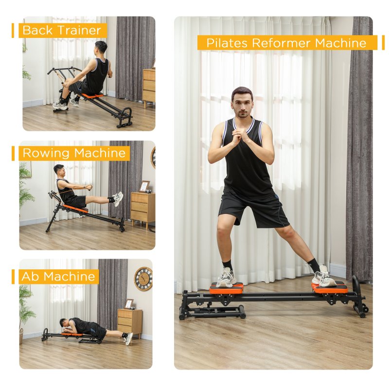 SPORTNOW Multifunctional Home Gym Equipment, Flat or Incline Reformer Pilates Machine, Ab Machine, Rower, with Adjustable Push Up Bar