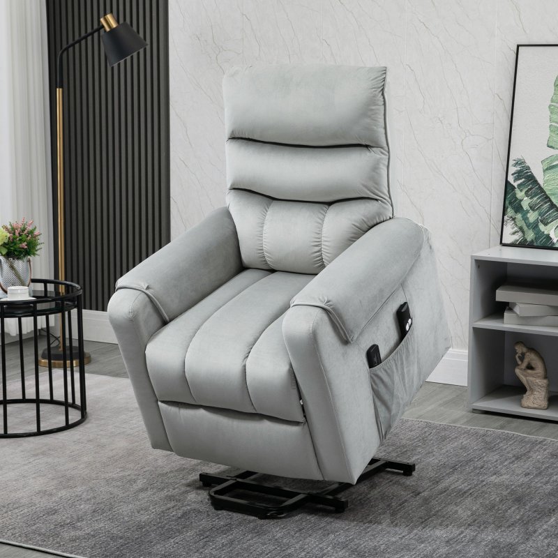 HOMCOM Recliner Electric Power Lift Chair for Elderly with 8 Vibration Massage Points, Upholstered Reclining Chair with Remote Controls, Side Pockets, Grey