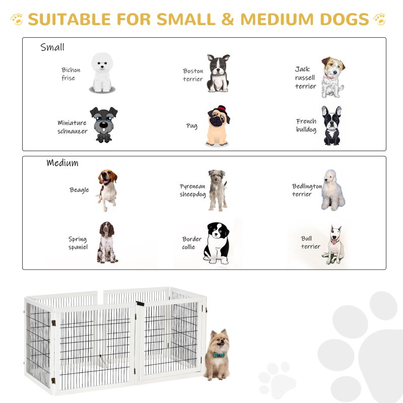 PawHut Freestanding Pet Gate, 6 Panel Foldable Playpen, Wooden Dog Gate with 2 Support Feet, for Stairs, Doorway - White