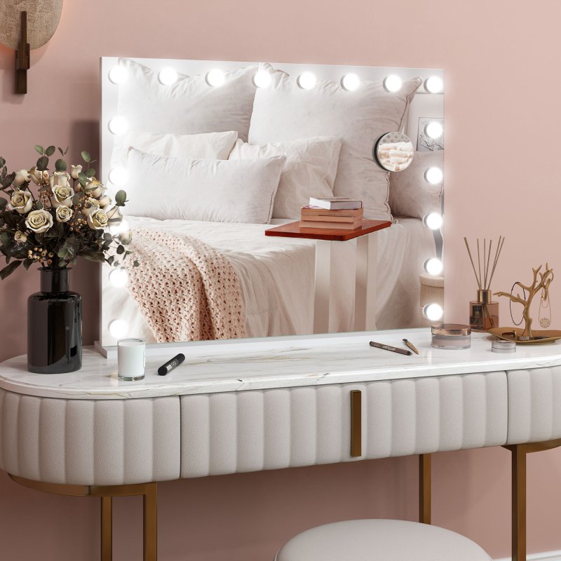 HOMCOM Hollywood Vanity Mirror with Lights, Large 80x62 cm Lighted Makeup Mirror with 3 Colour, 18 LED Bulbs, 10X Magnifying, USB Charging Port, Touch Screen, Tabletop or Wall Mounted Design, White