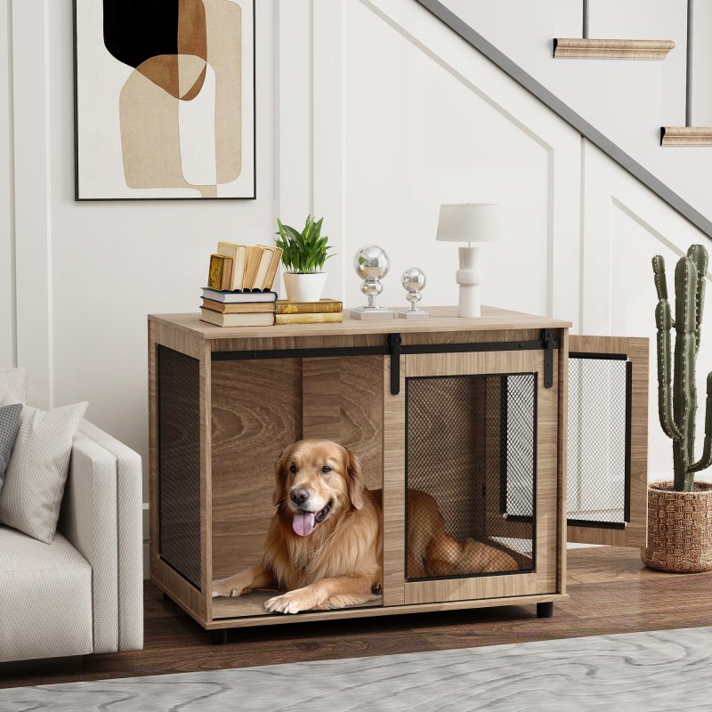 PawHut Dog Crate Furniture, Dog Cage End Table with Sliding Door, Pet Kennel for Large Breeds, 98 x 60 x 78cm, Walnut Brown