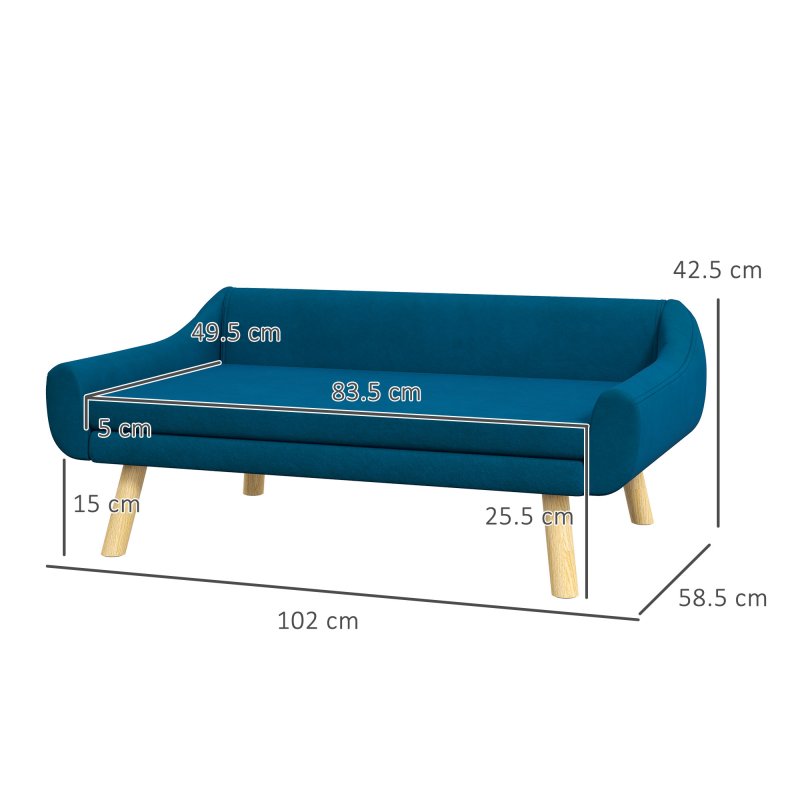 PawHut Dog Sofa Bed with Soft Cushion, Pet Couch with Wooden Frame, Removable and Washable Cover, for Medium and Large Dogs, Blue
