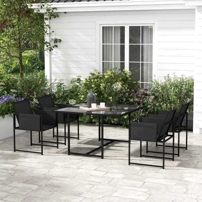 Outsunny 5 Piece Garden Dining Set, 4 Seater Outdoor Table and Chairs with Texteline Seat, Space Saving Cube Set with Foldable Backrest, Tempered Glass Table Top, for Patio, Black
