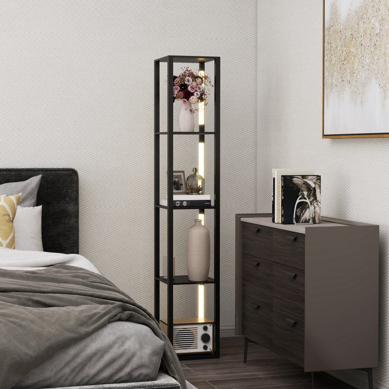 HOMCOM LED Floor Lamp with Shelves, 4 Layers Dimmable Modern Standing Lamp with 3 Brightness Levels and Foot Switch for Living Room, Bedroom, Office, Black