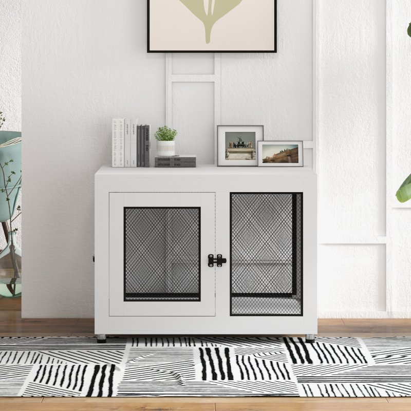 PawHut Dog Crate Furniture End Table w/ Soft Washable Cushion, Two Doors, Indoor Pet Kennel for Small Medium Large Dogs w/ Wire Mesh, White