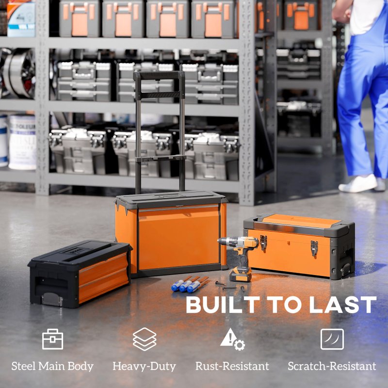 HOMCOM 3-in-1 Rolling Tool Box, Stackable, Modular Powder Coated Steel Toolbox with Tray, Handles, Latches, Wheels, Heavy Duty Tool Storage System for Workshop, Garage, 520mm x 320mm x 720mm, Orange