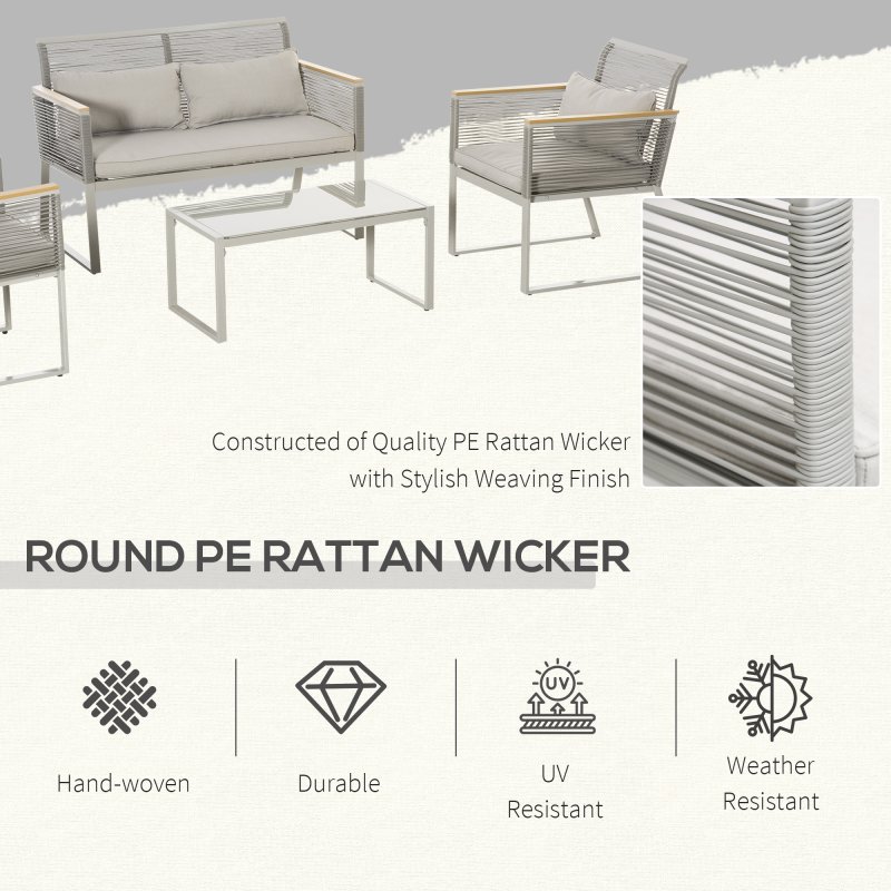 Outsunny 4 Pieces Rattan Garden Furniture Set, Metal Frame Outdoor Furniture Sofa Set with Cushions, Pillows & Tempered Glass Top Table, Wicker Garden Sofa for Conservatory, Patio, Grey