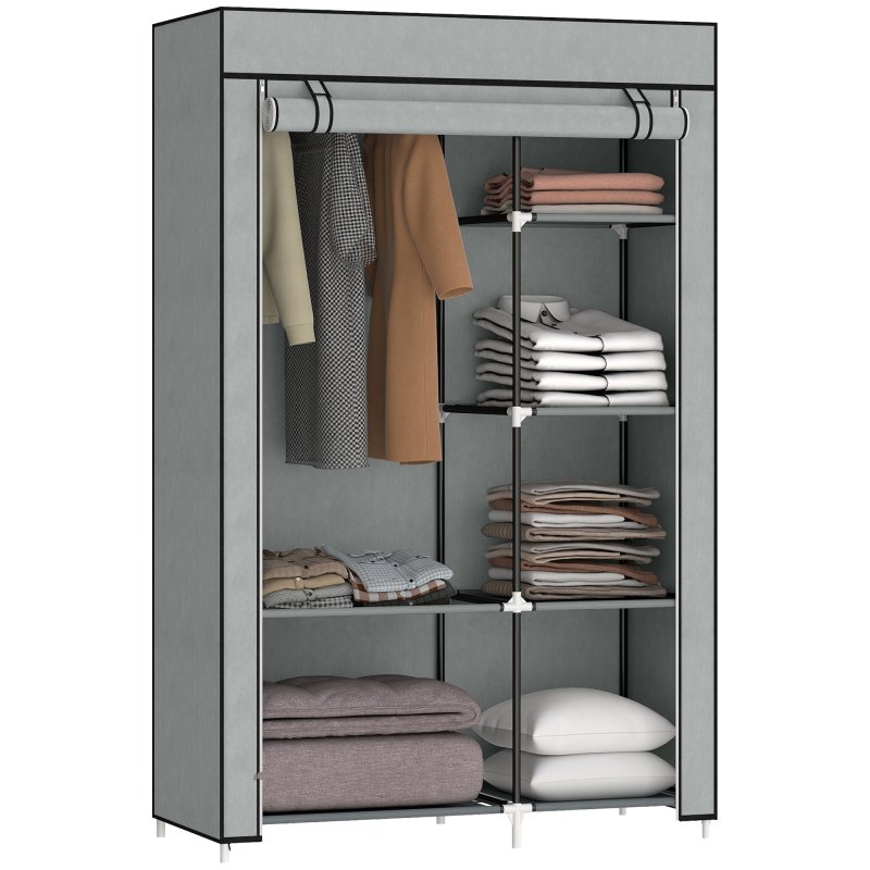 HOMCOM Fabric Wardrobe, Portable Wardrobe with 6 Shelves, 1 Hanging Rail, Foldable Closets, 103 x 43 x 162.5 cm, Light Grey