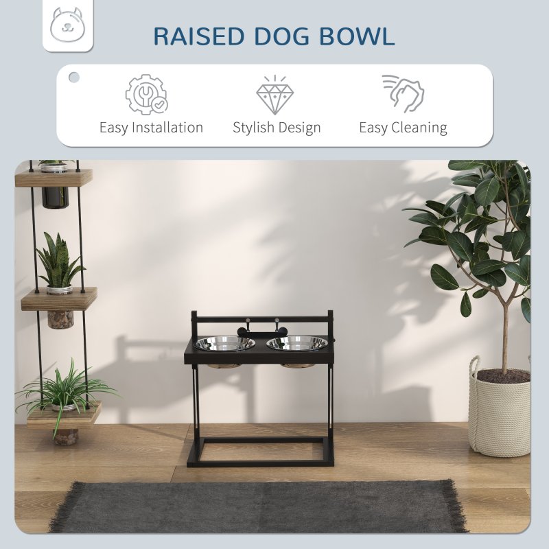 PawHut Raised Dog Bowl, Elevated Dog Bowl with Adjustable Height Stand, 2 Stainless Steel Bowls, for Small Medium Large Dogs - Black